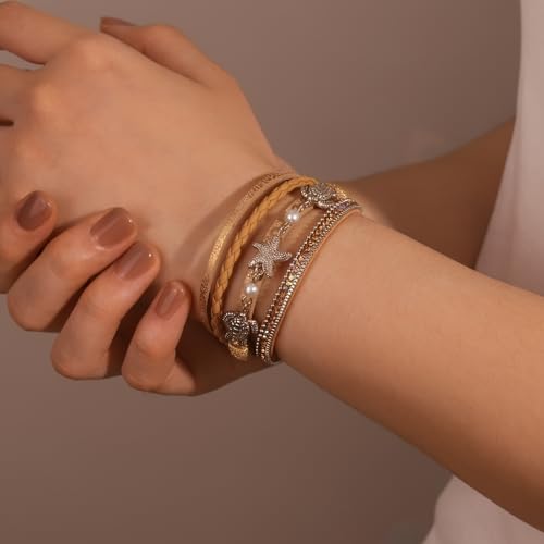 FANCY SHINY Turtle Starfish Leather Wrap Bracelet Boho Rhinestone Pearl Cuff Bracelets for Women Summer Beach Jewelry for Women - color: Rose Gold
