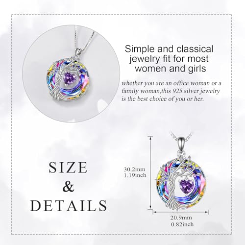 POPLYKE Mothers Day Gifts for Mom Her Wife Tree of Life Necklace 925 Sterling Silver Birthstone Pendant with Crystal Anniversary Birthday Wedding Jewelry for Women - color: 02-Feb-Amethyst, style: White Gold Plated-Volcano Crystal