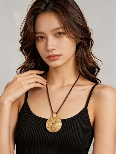 Kelake Leather Necklace for Women Men Teen Vinatge Boho Alloy Pendant Choker Jewelry Fashion Sweater Necklaces with Adjustable Genuine Leather Chain - color: Gold Concentric Circle Pendant Necklace