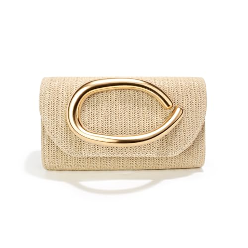 Straw Clutch Purses for Women,Summer Beach Bag,Woven Evening Handbags with Chain,Trendy Metal Handle Purses 2026 - color: Khaki