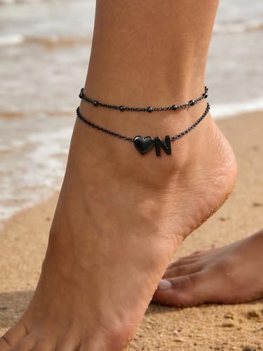Silvora Ankle Bracelets for Women Waterproof 14K Gold/Silver/Black Initial Anklet for Women Dainty Layered Heart Ankle Bracelets Stainless Steel Adjustable Foot Chain Anklet Summer Beach Jewelry - color: Black-Stainless Steel, size: 14.N