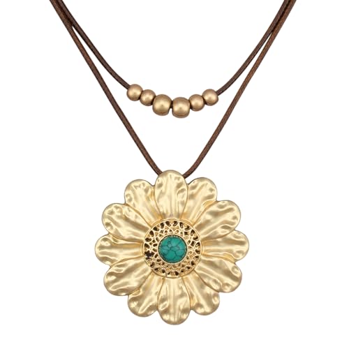 Boho Necklaces for Women Chunky Circle Necklace Layered Boho Circle Leather Choker Necklace Long Vintage Necklaces Bohemian Jewlery Gifts - style: Bohemian Large Pendant Necklace
