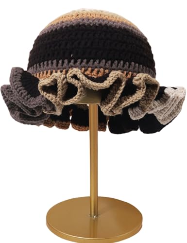 KORADI Womens Crochet Bucket Hat Ruffled Brim Knitted Hats Winter Boho Handmade Caps - color: Coffee