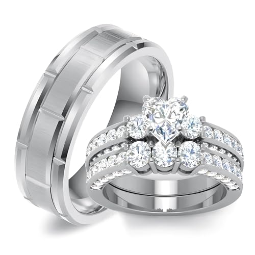 3Pcs Moissanite Wedding Rings Sets for Couples, s925 10K 14K 18K Real Gold Wedding Rings Sets for Him and Her, Customized Matching Engagement Bands Set for Men and Women Free Engraving - style: Style-8