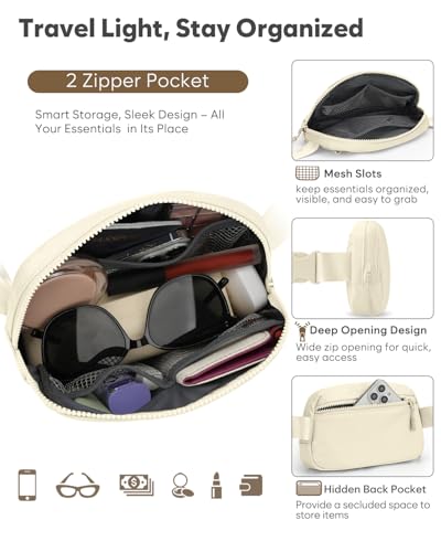 Pritent Fanny Packs for Women Cross Body Bag Waterproof Belt Bag with Adjustable Strap and Zipper Back Pocket Small Crossbody Bags Fashion Waist Packs for Workout Travelling(Ivory, Large) - color: Ivory, size: Large