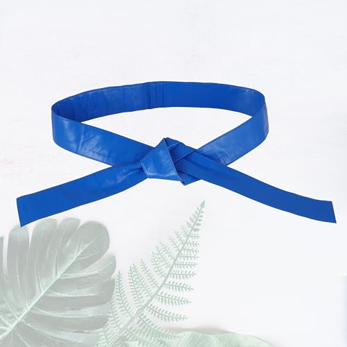 Woman's Obi Sash Tie Plus Size Waist Band Wide Solid Color Genuine Leather Belt - color: Royal Blue