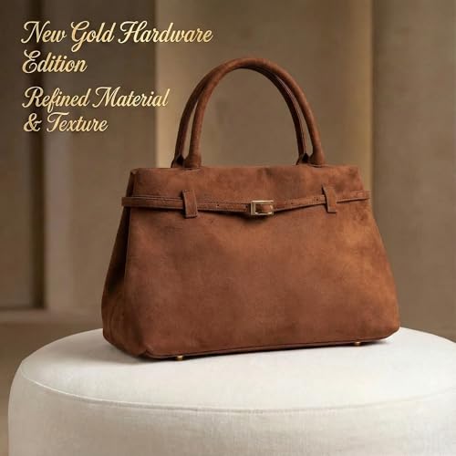 Base’ic Women’s Suede Tote Bag with Gold Hardware – Trendy Slouchy Shoulder Hobo Satchel Handbag Work Purse Travel Gift - color: Brown (Gold Hardware)