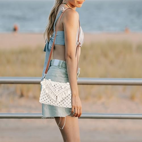 Goclothod Women Crochet Fringed Shoulder Bag Cotton Tassel Crossbody Bag Hippie Beach Purse - color: Crochet Cream