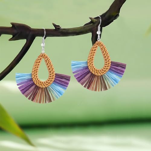Boho Summer Beach Earrings for Women Lightweight Straw Wicker Earring Statement Raffia Fan Round Tassel Dangle Drop Earrings Hawaii Jewelry - style: Purple Teardrop