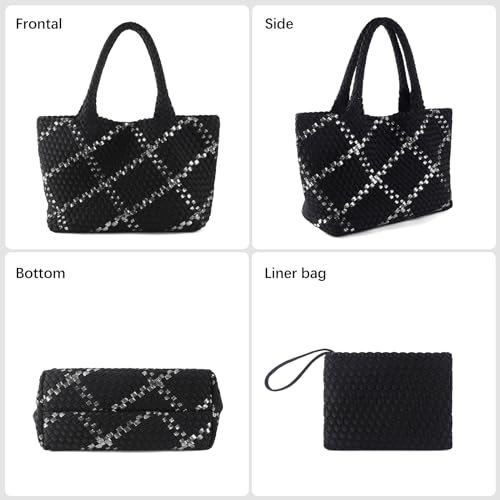 Woven Bag for Women, Large Neoprene Tote Bag Summer Beach Handbag Purse Retro Handmade Travel Shoulder Bag Set - color: Black-s