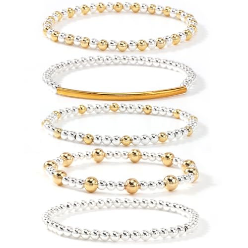 14K Gold Plated Beaded Bracelets Stack Set for Women,Stretch Boho Colorful Beads Ball Jewelry Friendship Summer Trendy - color: Silver gold