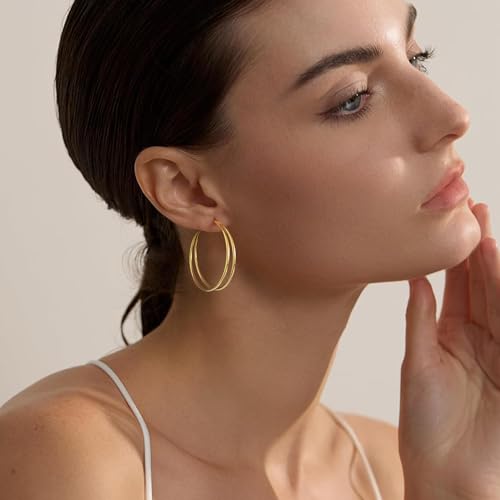 OOOPEL Large Thin Double Hoop Earrings for Women Lightweight Hypoallergenic 925 Sterling Silver Post 14K Gold Hoops Non Tarnish Sturdy Big Thin Double Layered Hoop Earrings 30/40/50/60mm - color: Gold, size: 40mm