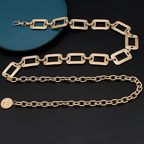 Women's Chain Belt Metal Waist Belt Chunky Belly Link Belt - color: Square Gold, size: S: 41.3 in