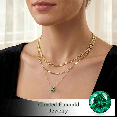 WomenGifts Layered Gold Necklaces for Women, 14K Gold Sterling Silver Plated Dainty Pendant Necklace Set Non Tarnish, Chunky Stackable Cuban Chain Choker, Trendy Birthstone Vacation Jewelry Gift - color: Gold, style: Cubic Zirconia-Created Emerald-May