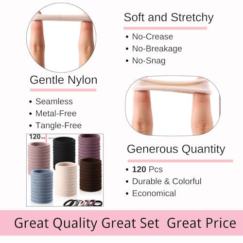 LuSeren 120PCS Soft Hair Ties for Women – No Damage Ouchless Nylon Hair Accessories, Seamless Fabric Ponytail Holders for Daily Use (Natural Colors) - color: Neutrals