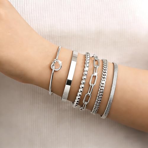 6Pcs 14K Gold Plated Bracelets for Women Layered Bangle Cuff Stack Set Adjustable Stacking Jewelry Set Gifts - color: 6PC-silver