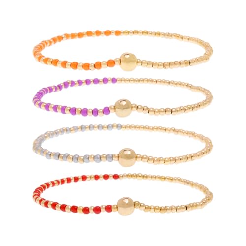 Gold Beaded Stackable Friendship Bracelets Set for Women, Handmade Boho Stretch Summer Jewelry Gift. - color: gold orange gray red purple