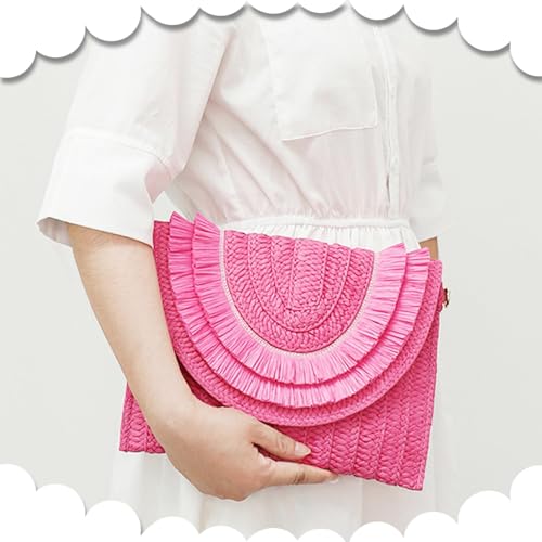 Crossbody Bags for Women, Straw Clutch Purses, Bohemian Handmade Woven Envelope Package, Tassel Handbags for Women | Bohemian - color: Light Pink