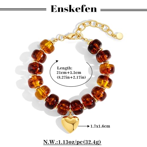 Chunky Beaded Bracelets for Women Boho Multicolor Acrylic Resin Beads Bracelet Adjustable Statement Bracelet Summer Beaded Jewelry - color: Heart beads bracelet-brown