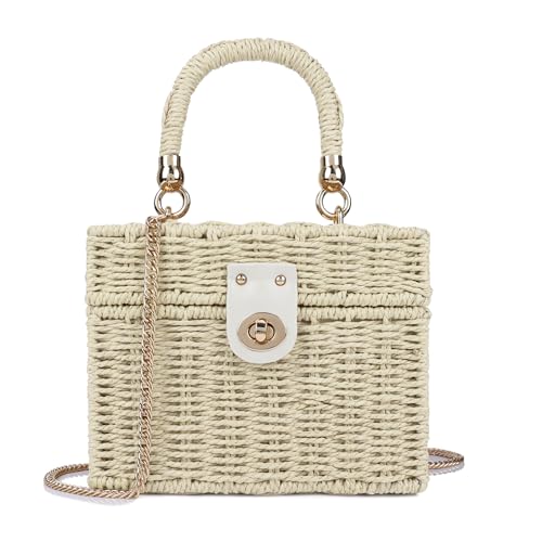 Handwoven Rattan Bag for Women Wicker Crossbody Shoulder Bag Straw Beach Tote Bag Top Handle Satchel Handbag with Chain Strap - color: Beige