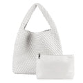 Woven Tote Bag For Women, Large Vegan Leather Travel Handbag, Casual Work Shoulder Bag, Underarm Commuter Hobo Bag With Purse - color: White