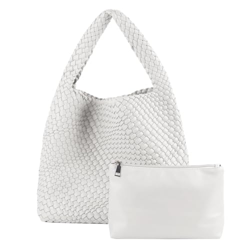 Woven Tote Bag For Women, Large Vegan Leather Travel Handbag, Casual Work Shoulder Bag, Underarm Commuter Hobo Bag With Purse - color: White