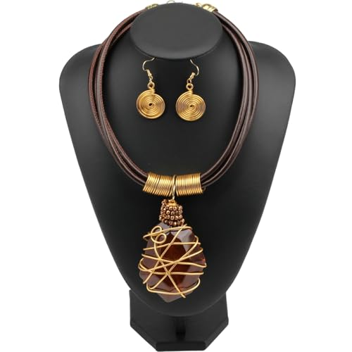 Ethnic Crystal Rhinestone Pendant Necklace Earrings Set Women Handmade Tribal Collar Choker Chunky Metal Bib Rope Chain African Statement Jewelry Set - color: N1505-brown