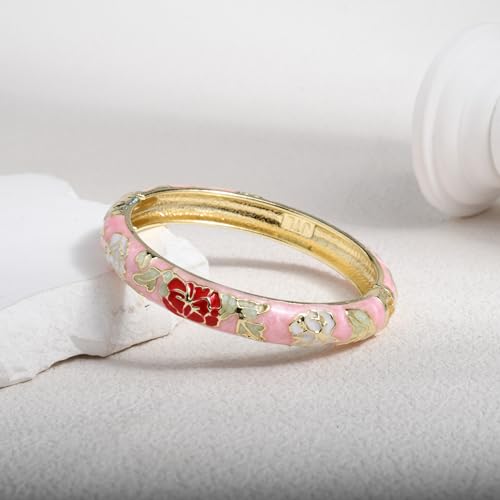 Vintage Flower Cuff Bangles Gold Plated Cloisonne Chinoiserie Peony Floral Elegant Bracelet Gifts For Women - color: pink