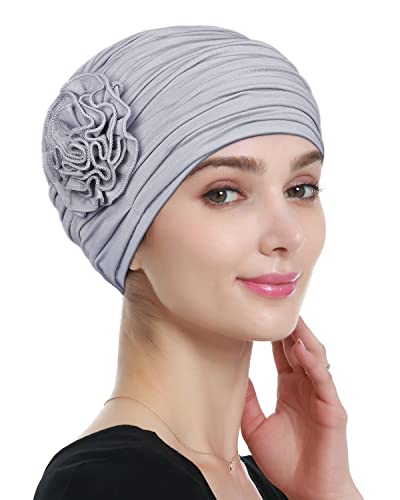 Alnorm Flower Design Chemo Hair Loss Caps Cancer Headwear for Women - color: Light Gray