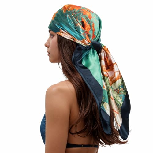 RIIQIICHY Head Scarf for Women Like Silk Scarf Hair Scarf Printed Square Scarf Bandanas for Women 35 Inches - color: Navy/Orange/Yellow/Cream