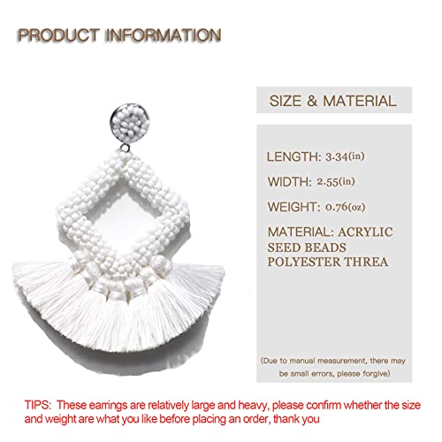Long Tassel Earrings Statement Bohemian Pom Ball Handmade Drop Dangle Earrings for Women - style: S-white