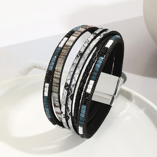 Fesciory Leather Wrap Bracelets for Women, Boho Leopard Multi-Layer Crystal Beads Cuff Bracelet Jewelry - color: Boho Braid(Black)