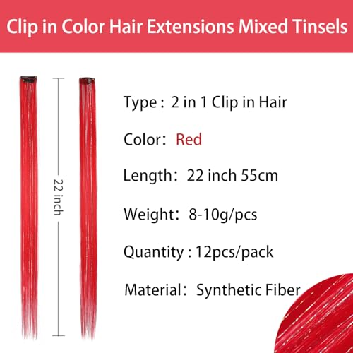 12pcs Clip in Red Hair Extensions, 22 Inch Rainbow Hair with Silver Tinsels, Colorful Holiday Party Highlights for Women - color: Red