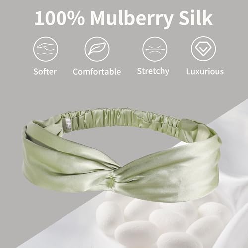 ZLYC Mulberry Silk Headband Elastic Twist Knotted Head Bands for Women's Hair, Solid Avocado Cream - color: Solid Avocado Cream