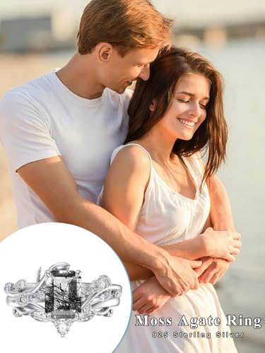 Natural Moss Agate Ring for Women 925 Sterling Silver Pear/Oval/Kite/Heart/Hexagon/Emerald/Coffin Cut Green Leaf Moss Agate Engagement Ring Promise Bridal Set Anniversary Birthday Jewelry Gifts - color: Emerald Cut Black Rutilated Quartz
