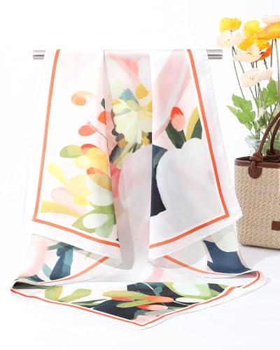 AWAYTR 27.5” Square Satin Head Scarf Hair Scarf for Women's Hair Silk Bandana for Women Silk Head Wrap for Sleeping - color: Flowers (Light Pink + White)