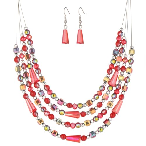 Errally Layered Beaded Statement Necklace Multi Strand Crystal Beads Collar Necklace and Earring Sets for Women Fashion Costume Jewelry Set Gifts for Her - color: Red