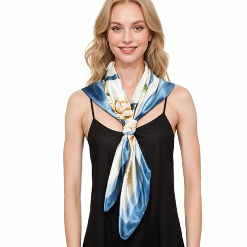 RIIQIICHY Head Scarf for Women Like Silk Scarf Hair Scarf Printed Square Scarf Bandanas for Women 35 Inches - color: Blue/Ivory/Green