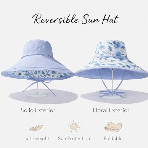 Wide Brim Sun Hat for Women Reversible Beach Hats Metal Wired Edge Gardening Hats, UPF 50+ Bucket Summer Hat - color: Blue