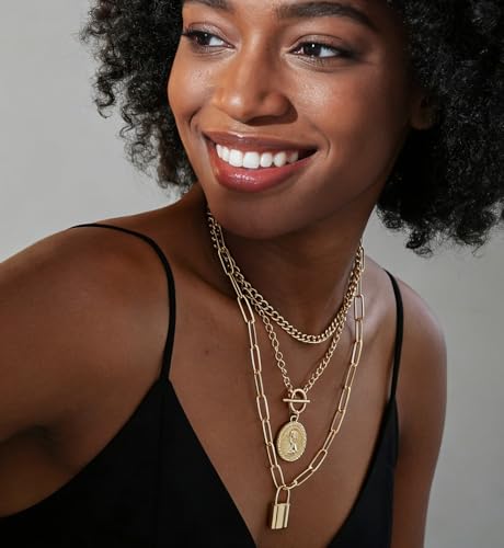 iF YOU Vintage Gold Layered Necklaces for Women Trendy, Chunky Cuban Link Paperclip Chains Necklace Stack, Coin Pendant Necklace Set Jewelry Gifts - style: 3-layer lock necklace
