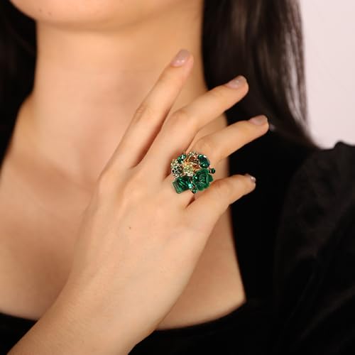 Jumwrit Shiny Crystal Flower Ring Statement Adjustable Open Band Wrap Finger Ring Square Rhinestone Floral Cocktail Ring Party Bridal Wedding Jewelry Vintage Boho Knuckle Ring for Women - color: Green