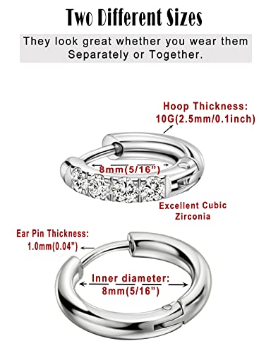 316L Surgical Stainless Steel Huggie Hoop Earrings with Cubic Zirconia, 10G 12G 14G 8-20mm Cartilage Lobe Earrings, 14G Piercing Jewelry - style: 10G 8mm Silver Clear CZ 2Pcs