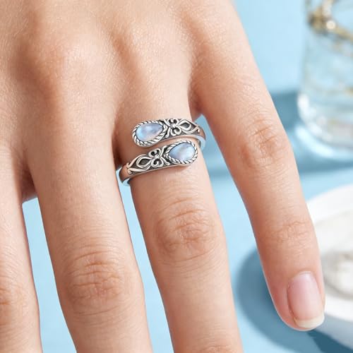 Adjustable Thumb Rings for Women Vintage Moonstone Obsidian Turquoise, Spoon Style Adjustable Ring Gift for Her, Sister, Mom – Natural Gemstone Jewelry - style: Moonstone Bow Ring