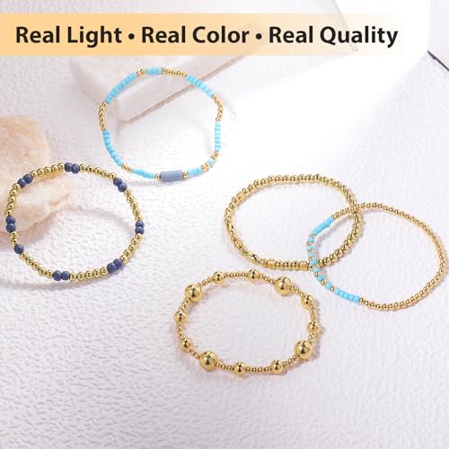 Gold Beaded Bracelets for Women: 14K Gold Bracelets for Women Trendy Dainty Gold Ball Bracelet Stack for Womens - Boho Stretch Bracelets Jewelry Sets with Cross Fashion Accessories Gifts for Women - style: Pearl