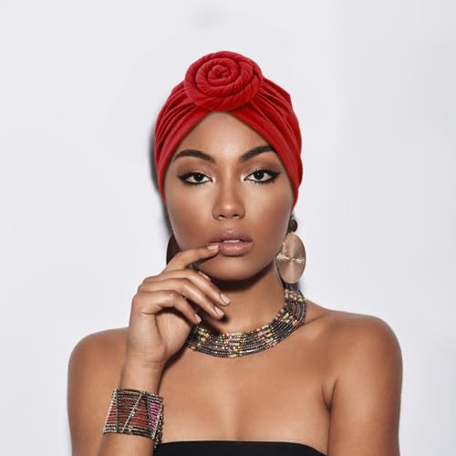DRESHOW 5 Pack Knotted Headwraps for Women African Turban Pre-Knotted Beanie Headwraps Hair Covers - color: 5 Pack Donuts: White, Khaki, Army Green, Dark Red, Black