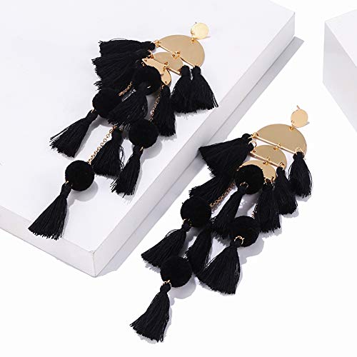 Long Tassel Earrings for Women Colorful Fringe Drop Dangle Earrings Bohemian Hawaiian Summer Beach Jewelry for Womens Vacation Outfits - color: Black