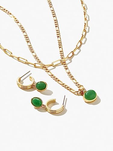 Green Aventurine Stone Pendant Necklace for Women Dainty 18K Plated Gold Chain Choker Necklace,Layered Necklace,Jewelry Set Non Tarnish - color: Green-3pcs