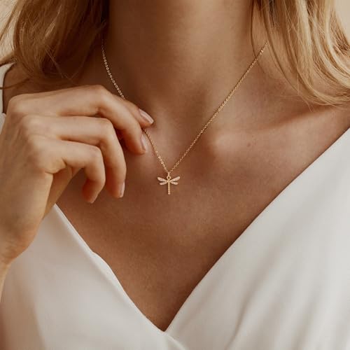 LLWOM Gold Necklace for Women-14k Gold Plated Infinity Necklace Star Of David Necklace Evil Eye Cross Pendants Heart Dainty Gold Necklace For Women - color: Gold, style: Dragonfly Necklace