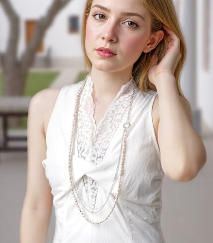 BULINLIN Layered Long Necklaces for Women Long Beaded Chain Necklace CostumeJewelry Mothers Day Gifts for Mom - color: 96-White Pink