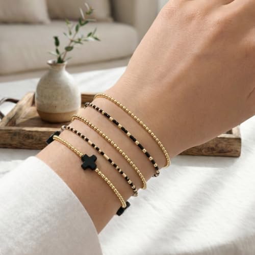 Gold Beaded Cross Bracelet for Women, 14K Plated Adjustable Stackable Dainty Bracelets, Non Tarnish Fashion Jewelry Set Gifts for Women Birthday Friendship - color: Colors-10